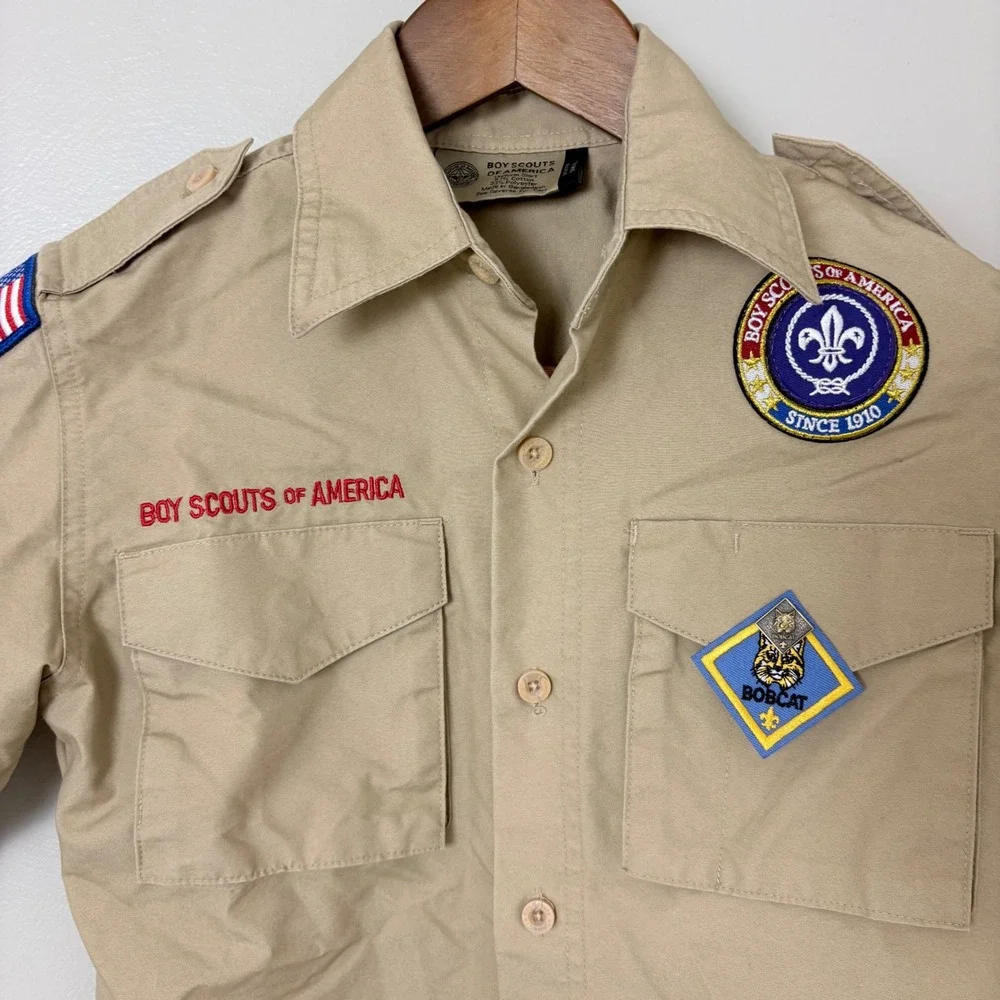 Boy Scouts of America Uniform Shirt Kids Youth S Tan Khaki Patched 584 Bobcat